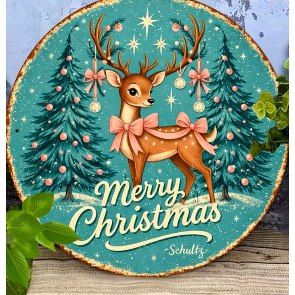 Vintage Style Pink Bows Reindeer Round Wood Decor Retro Christmas/ Ornament 6"